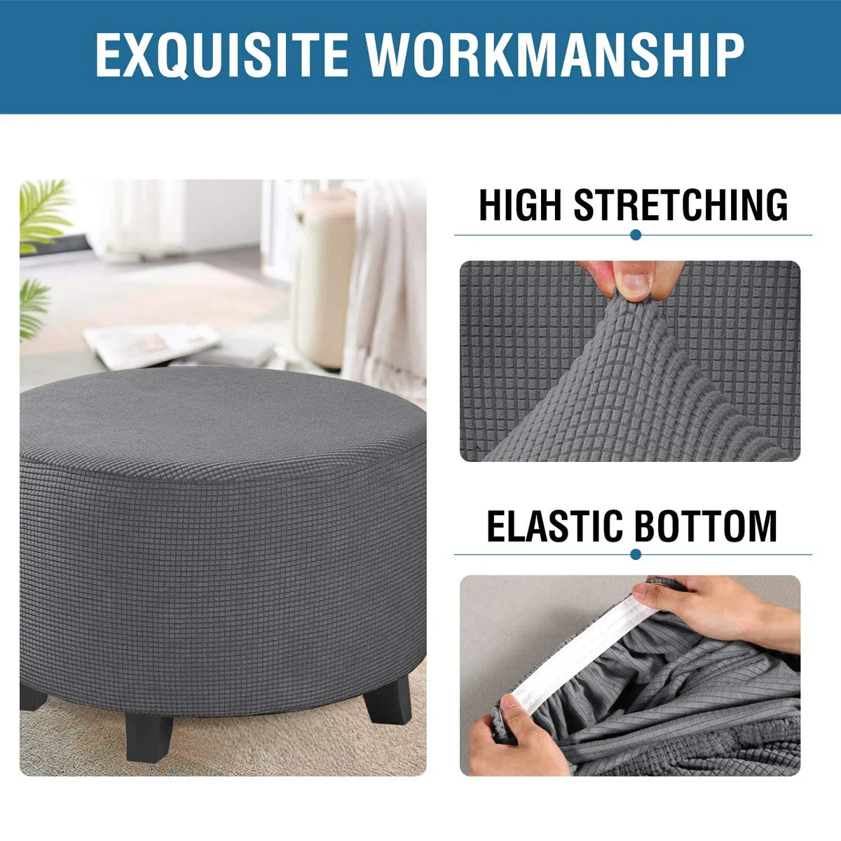 Jacquard Ottoman Cover Stretch Ottoman Slipcover Round Ottoman Storage Cover Folding Stool Covers Furniture Protector Cover 6