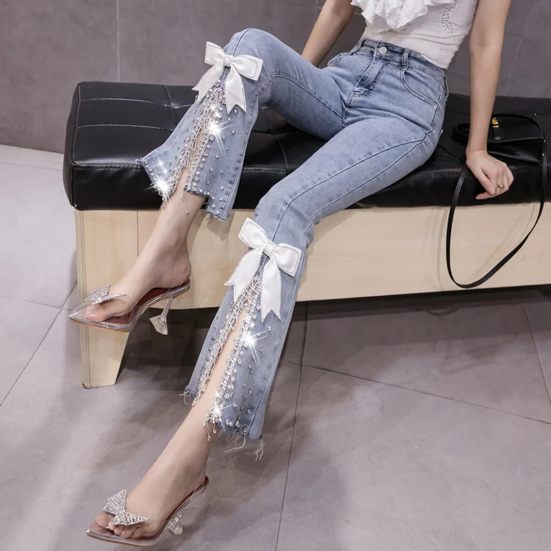 Vintage 2022 Summer Jeans Bead Diamond Bow Jeans Women's Elastic High Waist Flare Jeans Pants - AliExpress