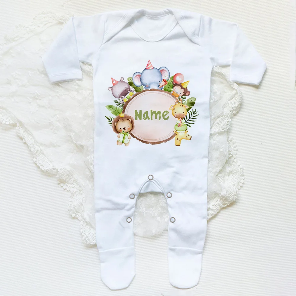 Baby Clothes Baby Sleepsuit Personalised Baby Babygrow Sleepsuit Safari Animals Wreath Infant Sleepsuit Boys Girls Clothes Newborn Coming Home Outfits