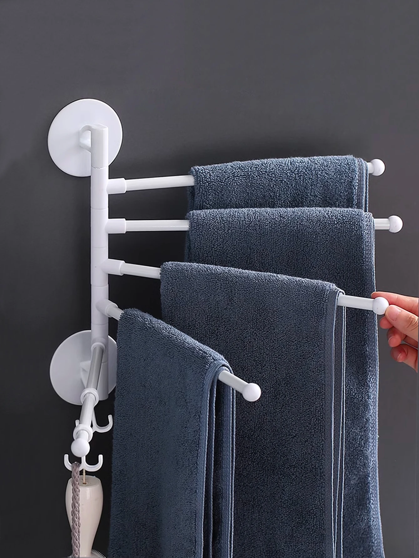 1PC PP Rotatable Towel Rack, 5-pole Hanging, Non Perforated Storage, White Wall Mounted, Storage Room, Bathroom, Bathroom