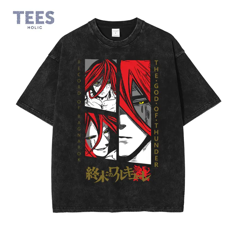 

Anime Record Of Ragnarok Tops Tees Streetwear Vintage Washed Lu Bu Thor Oversize T Shirts Manga Shuumatsu No Walkure T-shirt Men