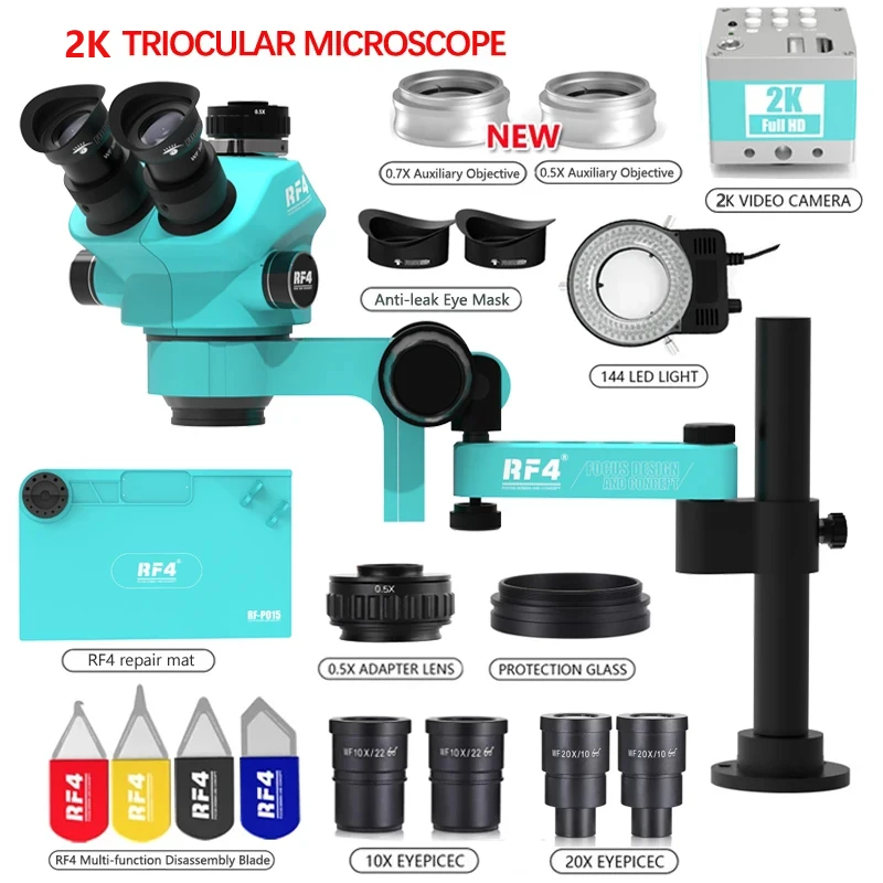 RF4 Trinocular Stereo Microscope Set 360 ° Rotation Articulating Arm Stands Phone Soldering PCB Repair RF7050TVPRO-F019 2