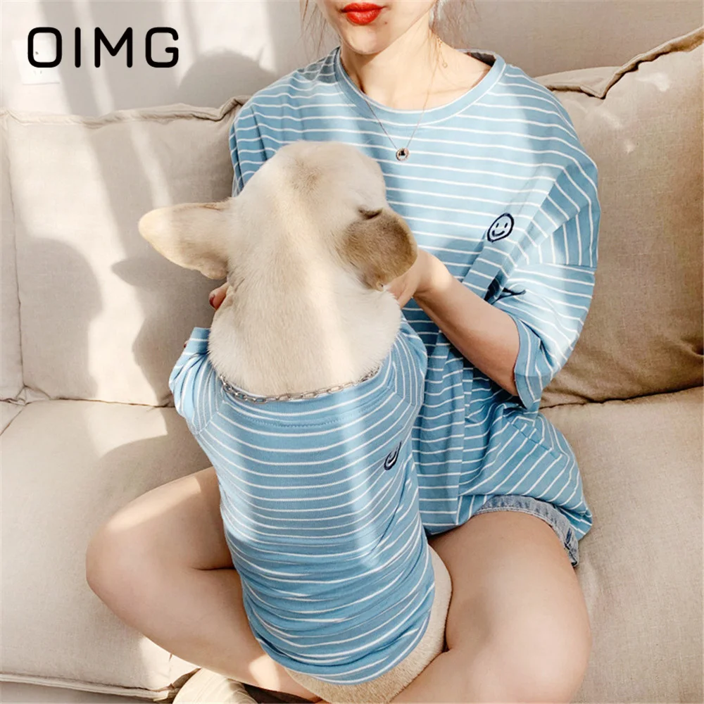 OIMG Summer Dog Sweater Korean Edition Pet Parent-child Fit Teddy Bichon Garfield Striped Cotton T-shirt Small Dogs Short Sleeve
