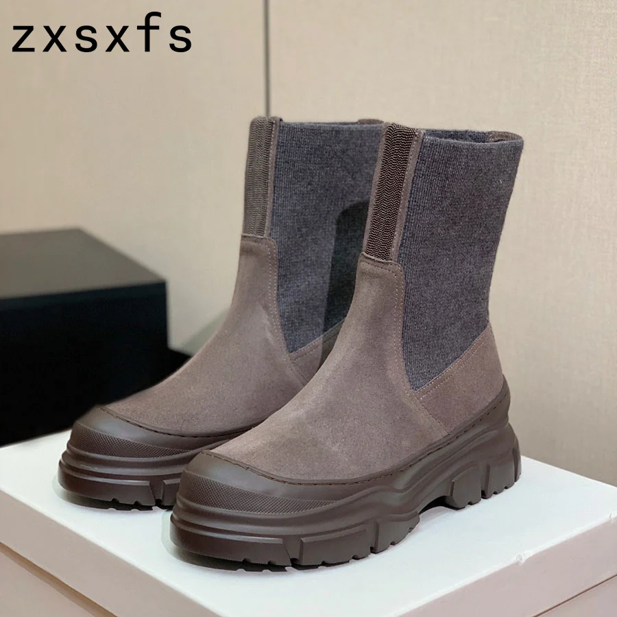 Hot Thick Sole Platform Chelsea Boots Women Quality Suede Leather Mid Calf Short Boots Flat Knight Boots Women Winter Shoes