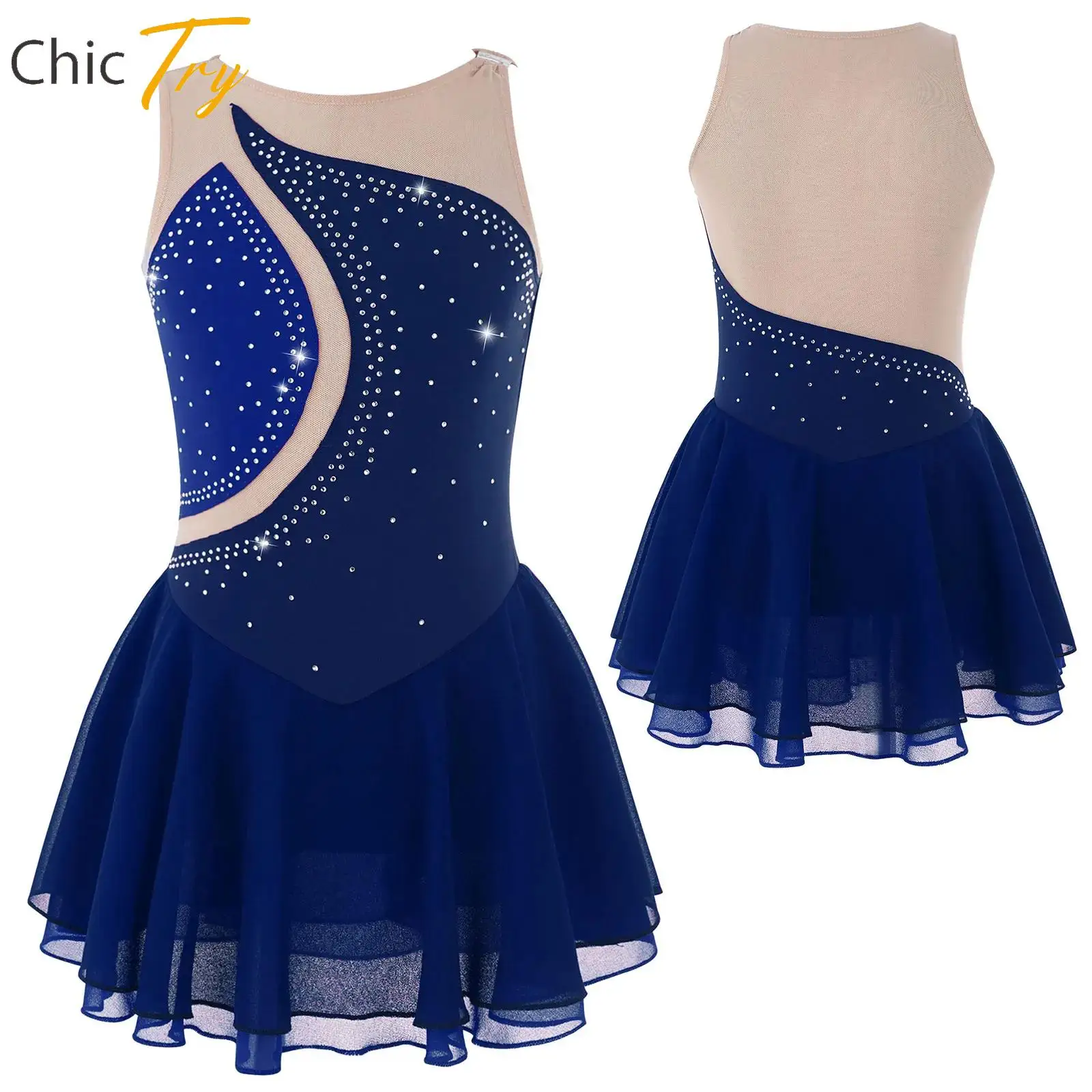 

Figure Skating Dress for Kids Girls Performance Costumes Rhinestone Mesh Splice Ballet Dance Dresses Gymnastics Leotards