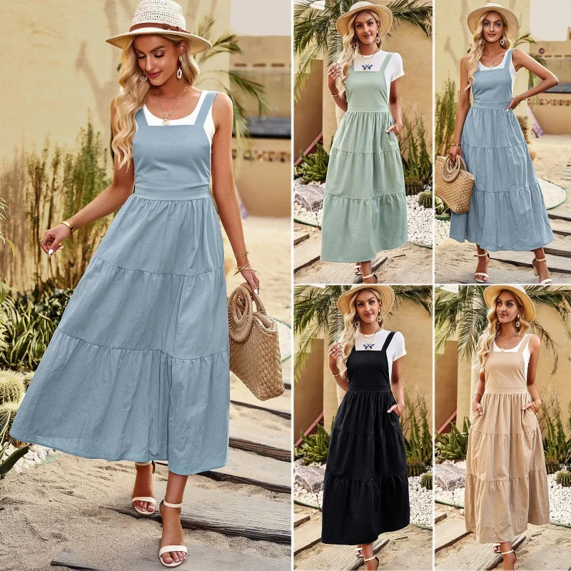 

DY-Dress Summer American Station Independent Station Temperament Leisure Solid Color Suspender Skirt