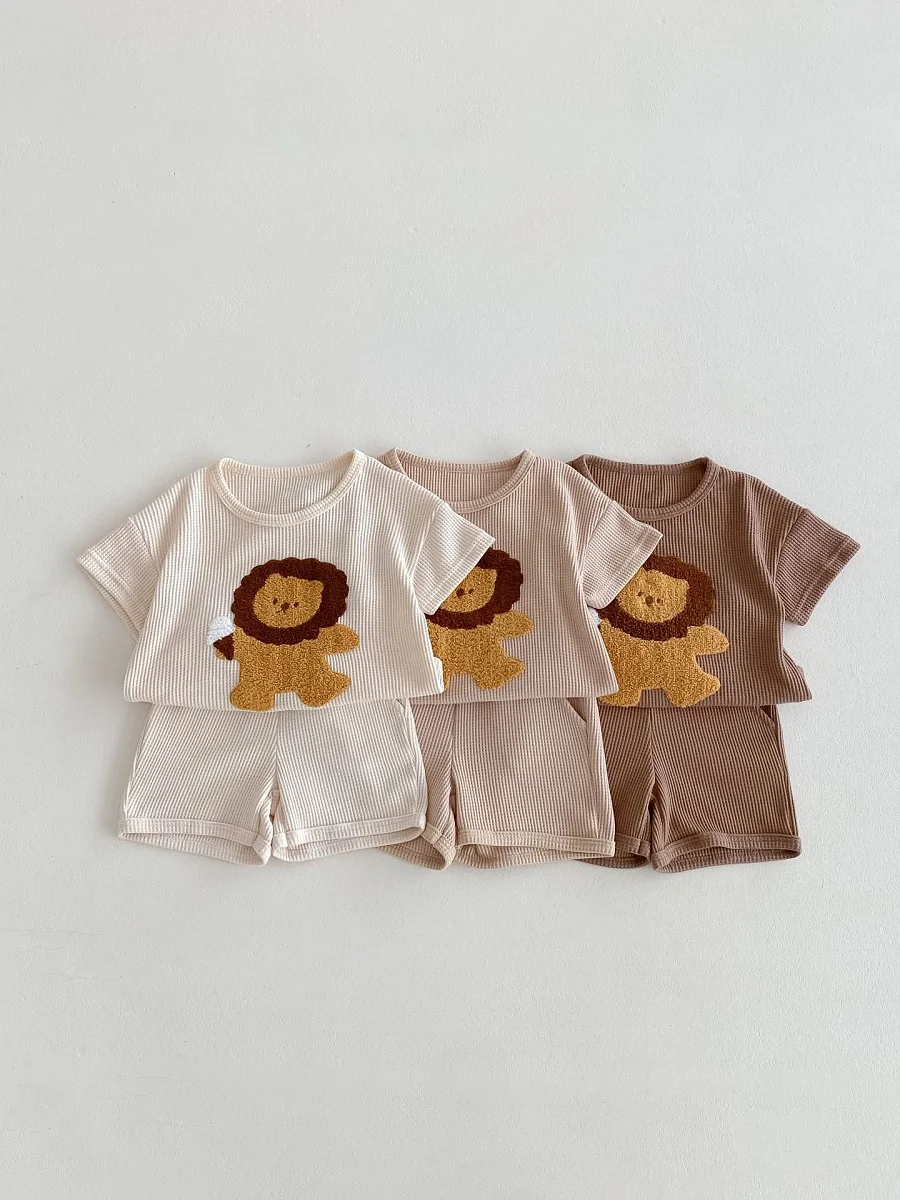 

Summer Baby Clothing Set 0-3Years Toddler Boy Girl Short Sleeve Cartoon Lion Cotton T-Shirt+Shorts 2PCS Waffle Pattern Outfits