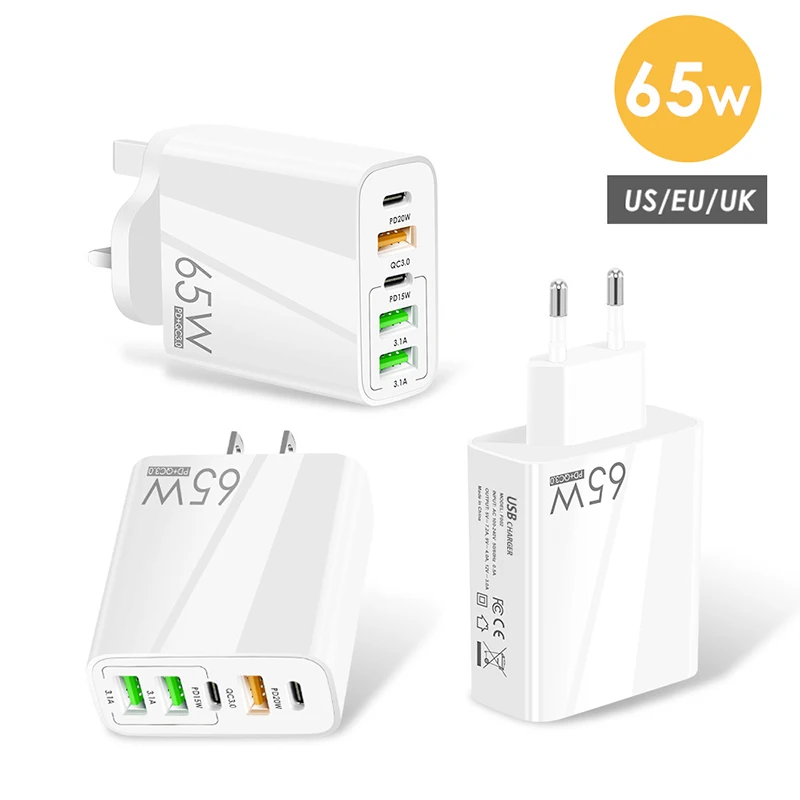 2PD 3USB Fast Charge Adapter 65W EU/US/UK Charger Travel Plugs Power High Quality Quick Chargeing For Samsung Huawei Xiaomi