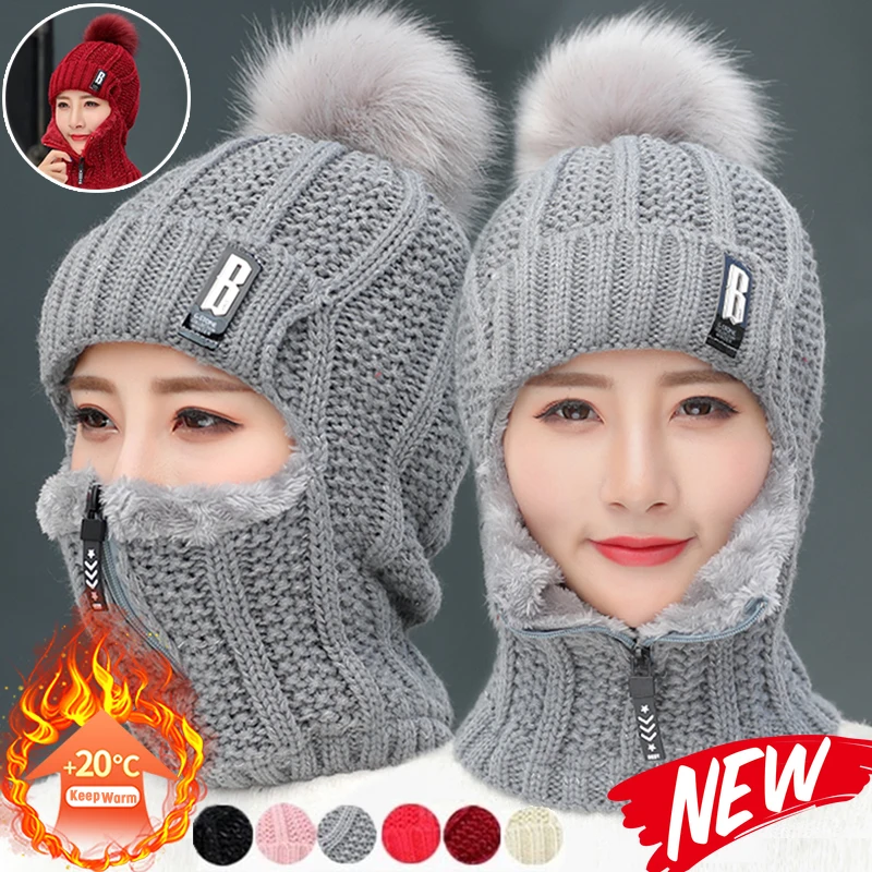 

Women Wool Knitted Hat Ski Hat Sets Windproof Winter Outdoor Knit Thick Siamese Scarf Collar Warm Keep Face Warmer Beanies Hat