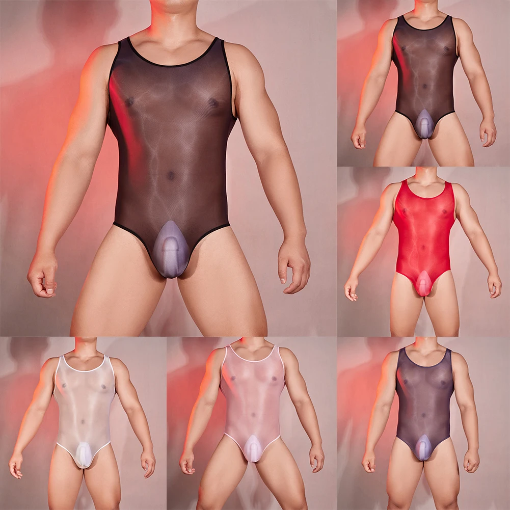 Sheer Mesh Sexy Bodysuit Oil Glossy See Through Stretchy Jumpsuits Men Erotic Tights Slimming Transparent Seductive Nightwear