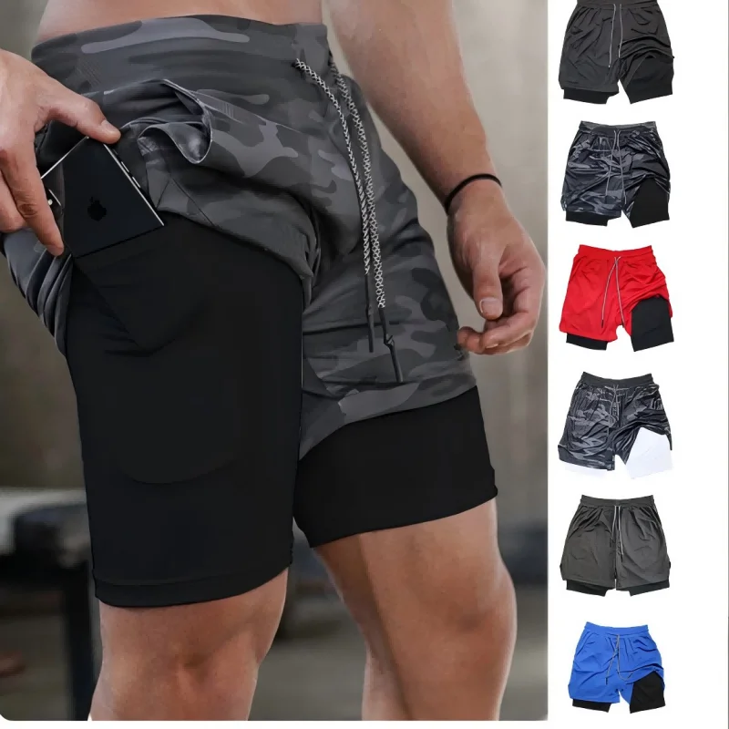 Double layer 2-inHigh Performance Men's Compression Shorts With Pocket-Quick Dry Breathable Stretchy Base Layer For Sports Gym