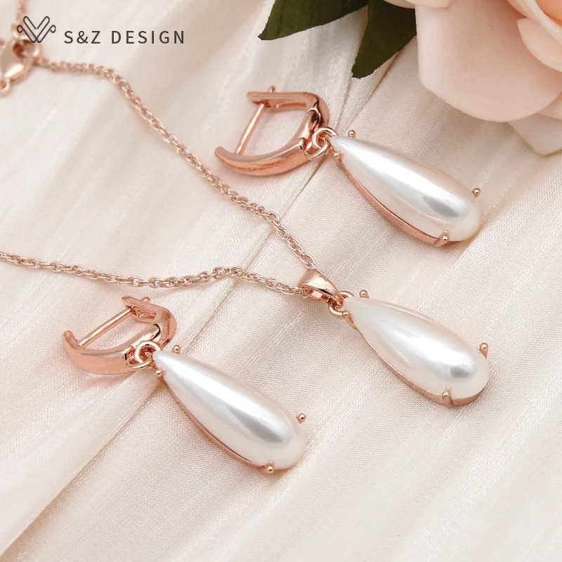 S&Z DESIGN New Fashion Water Drop Simulated-pearl Dangle Earrings Jewelry Sets For Women Wedding 585 Rose Gold Color Necklace