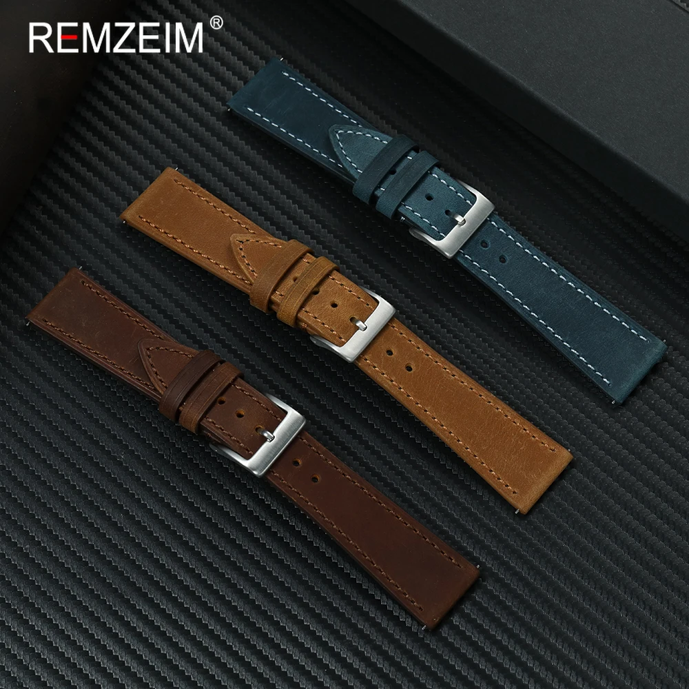 Men's Soft Durable Quick Release Crazy Horse Leather Watch Strap