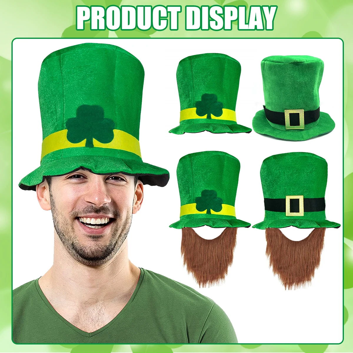 

St. Patrick's Day Shamrock Top Hat with Beard Green Clover Party Velvet Cap for Adults Costume Leprechaun Irish Day Parade Decor