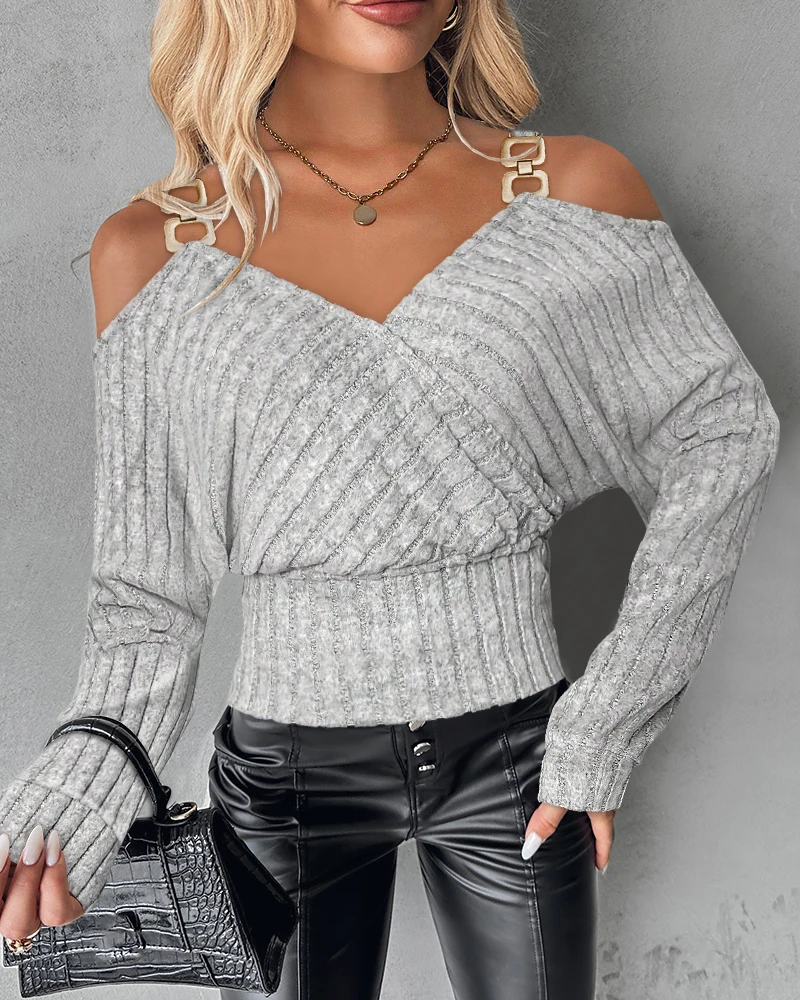 

2024 New Year Ninimour Women Cold Shoulder Chain Decor Ribbed Top V Neck Long Sleeve Casual Pullover T-Shirts Femme Ropa Clothes