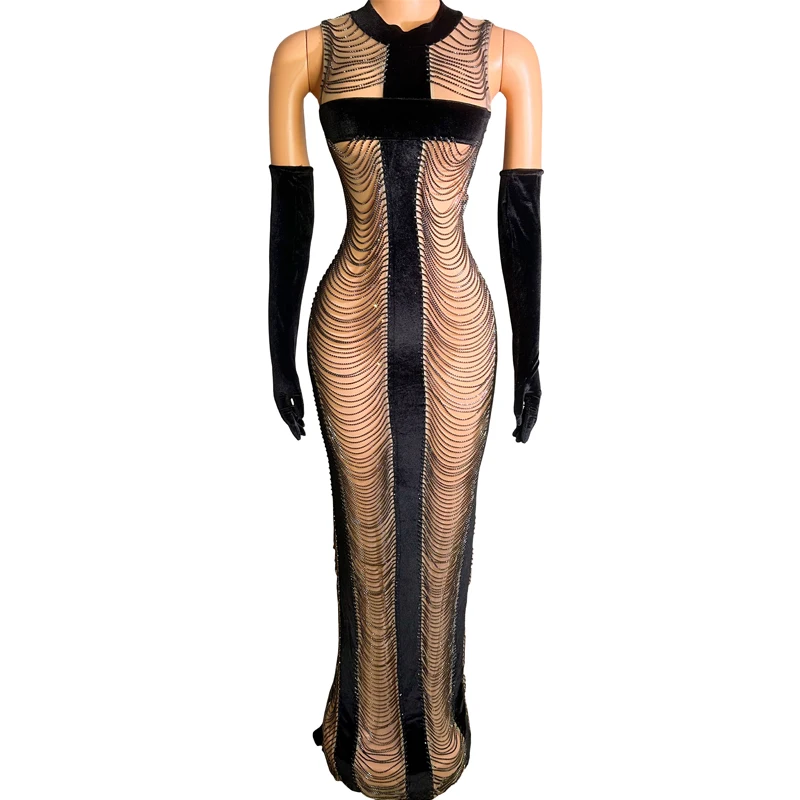 

Sexy Perspective Mesh Velvet Dress Women Diamond Chain Celebrate Costume Party Evening Dresses Stage Festival Outfit XS7864