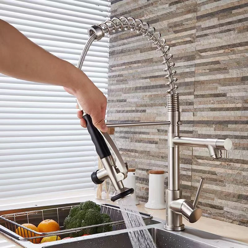 Kitchen Sink Faucet Chrome Brass Hot & Cold Water Mixer Taps Dual Spout Deck Mounted Faucet Pull Out Spray Swivel Taps