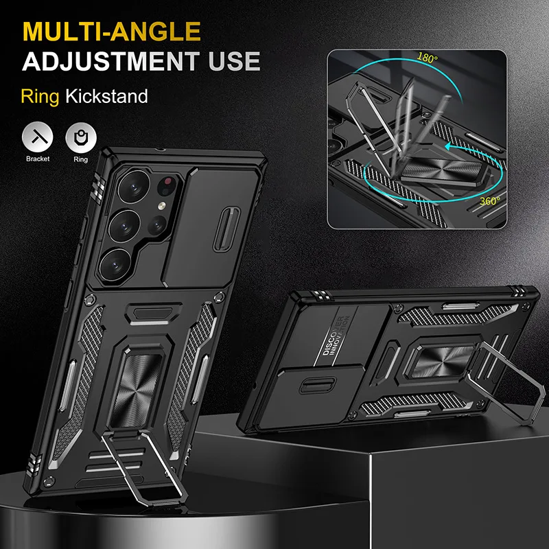 Rotating Slide Camera Lens Military Grade Armor Case with Ring Stand