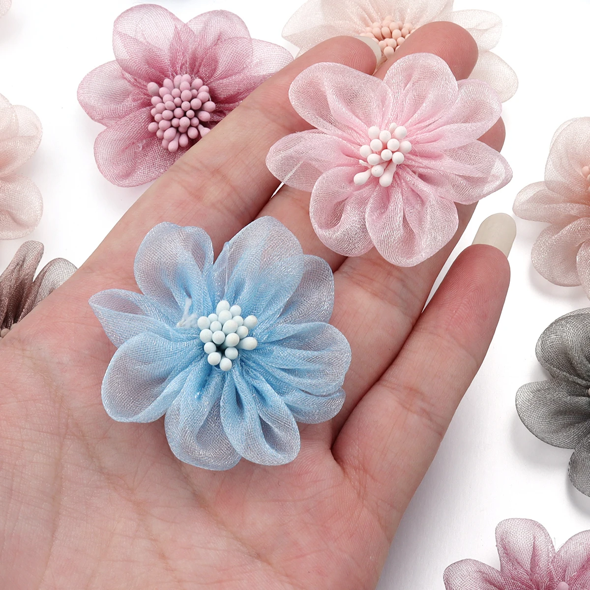 4 개/몫 Organza 수제 꽃 Stamens 색상 바느질 꽃 DIY 쥬얼리 의류 Applique 장식 용품