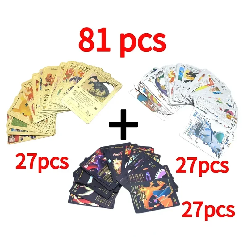 81-15 Pz Pokemon Colorato Lamina D'Oro Carta Francese Inglese Tedesco Spagnolo Pikachu Charizard Arceus Argento Arcobaleno Vstar Vmax Card
