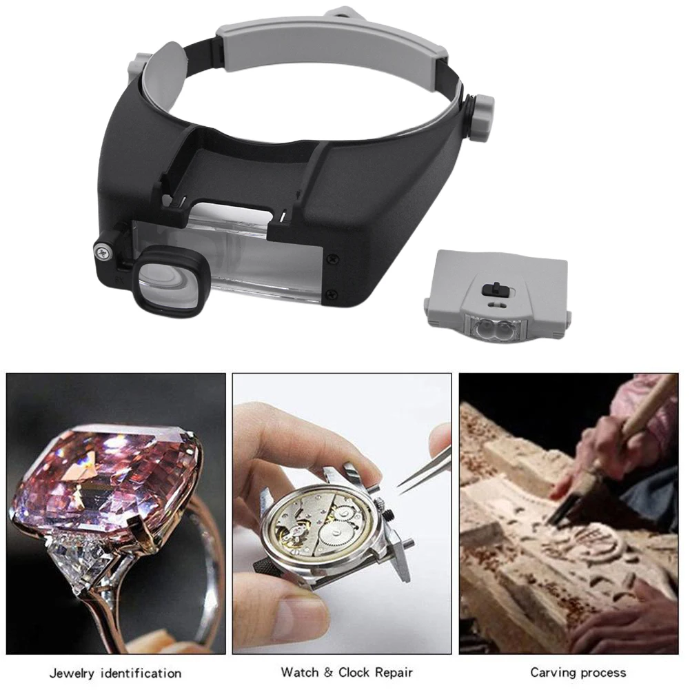 HD Glasses Magnifier Headband Helmet Magnifying Glasses Optical Glasses Len Magnifier with 3 LED Light 5 Detachable Lens