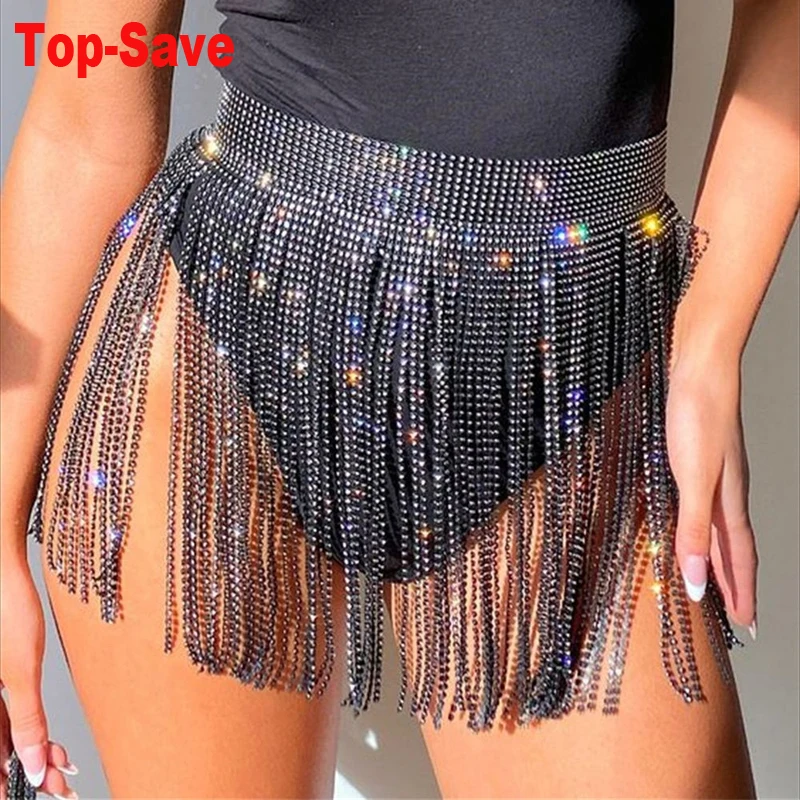 

2024 Summer Glitter Festival Sexy Rhinestone Tassel Skirt Handmade Women High Waist Nightclub Party Mini Skirts For Lady Belt