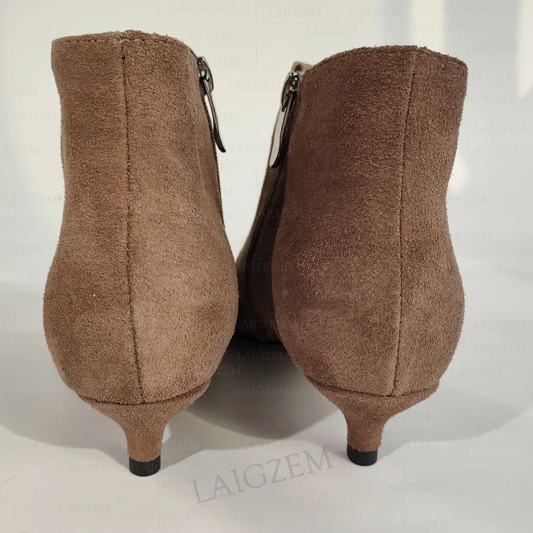 Women Ankle Boots Suede Pointed Toe Side Zip 3.5CM Kitten