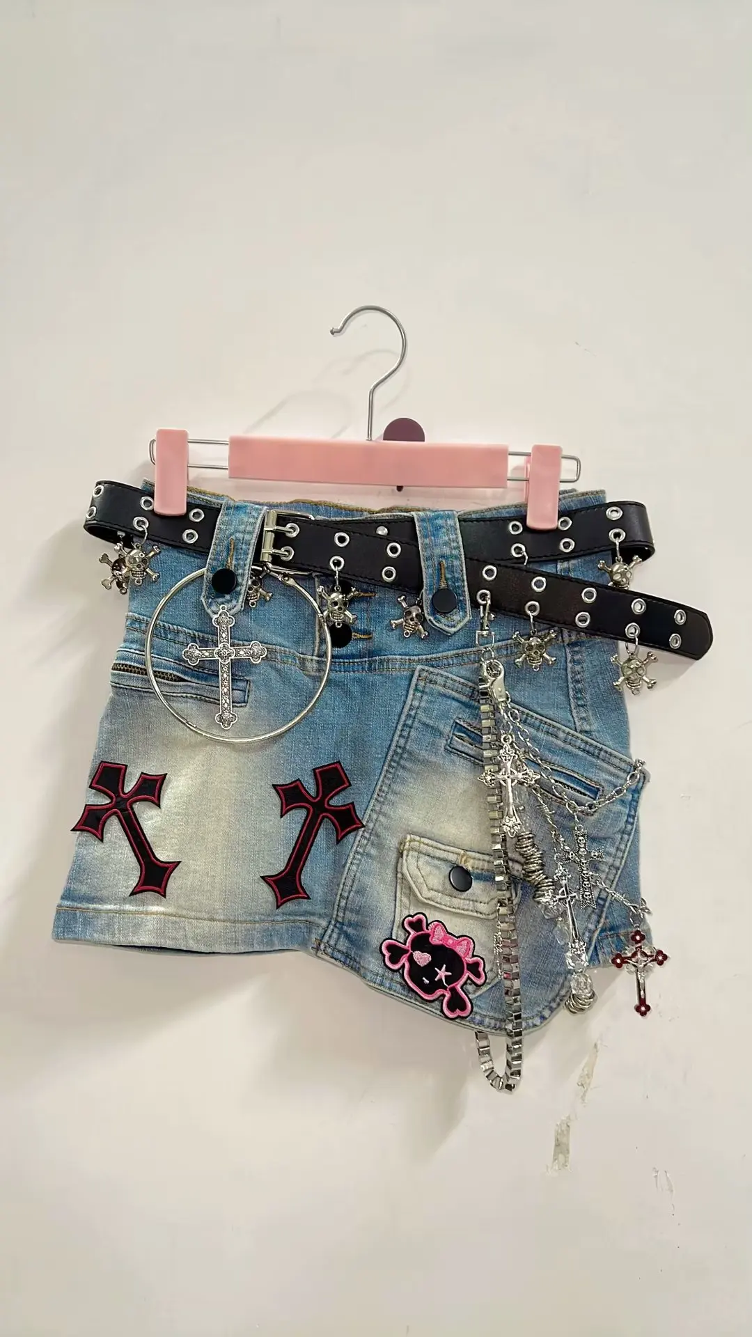 Metal Pendant Chain Denim Mini Skirt 2