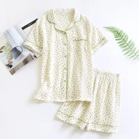 New summer women's cotton crepe three-piece short sleeve + shorts + trousers large size simple flower pajamas home service suit - Image 5