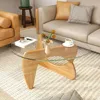 Glass Coffee Table, Mid-Century Modern Center Tables with Tempered Glass Top & Adjustable Rubber Wood Base, Small Coffee Table 1