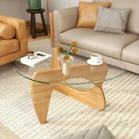 Glass Coffee Table, Mid-Century Modern Center Tables with Tempered Glass Top & Adjustable Rubber Wood Base, Small Coffee Table 1