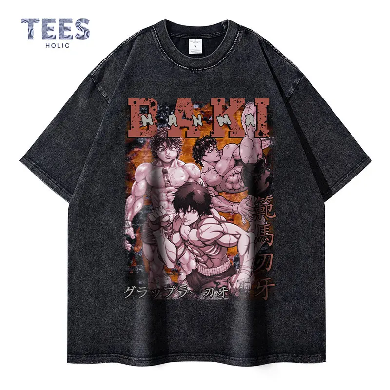 

Baki Hanma T-shirt Vintage Washed Anime Baki Oversized T Shirts Streetwear Manga Hanma Yujiro Tshirt Harajuku Tops Tees Men