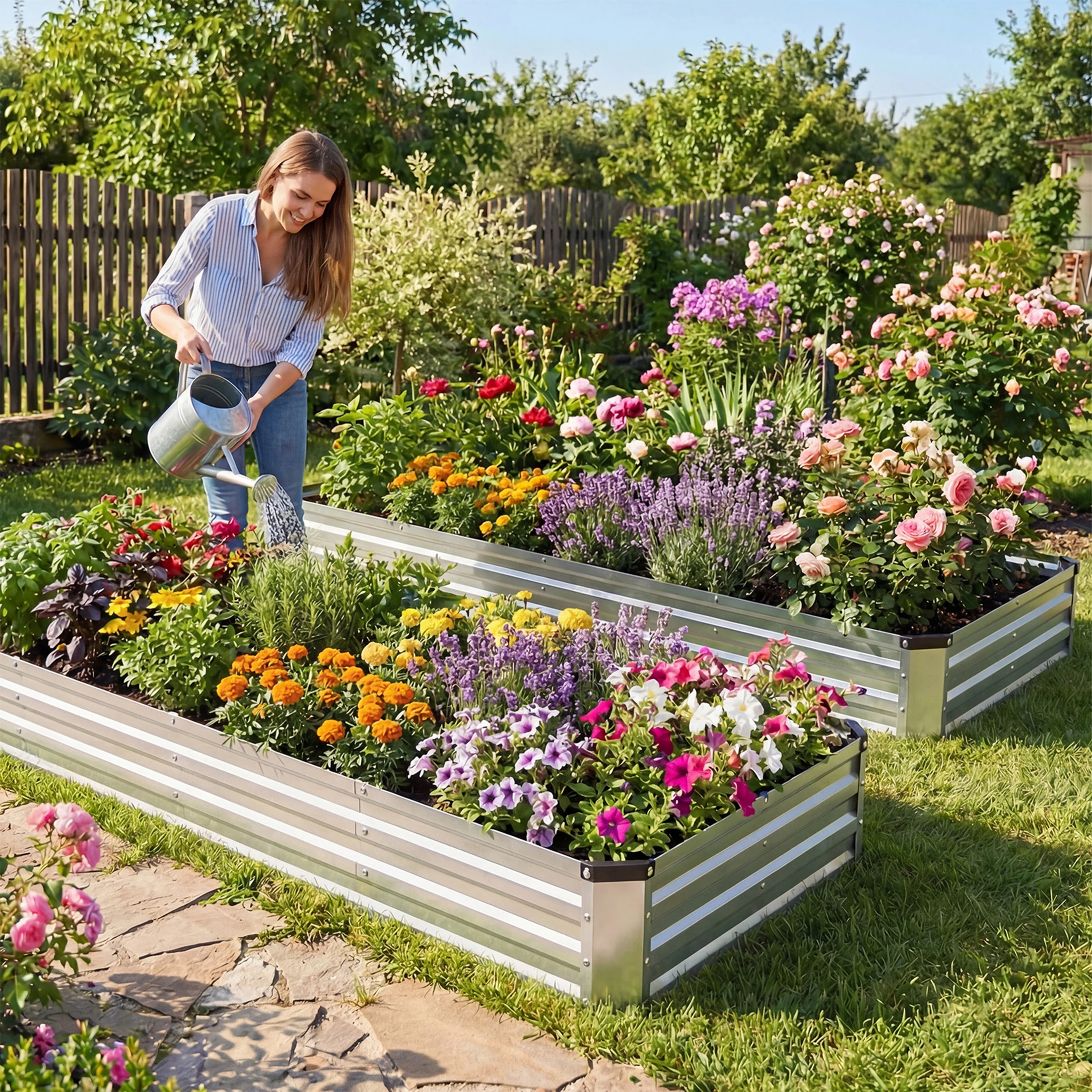 JHK 8x4x1ft Rectangular Outdoor Metal Garden Bed Planter Box Raised with Rust-Resistant Steel for Vegetables Flowers for Patio