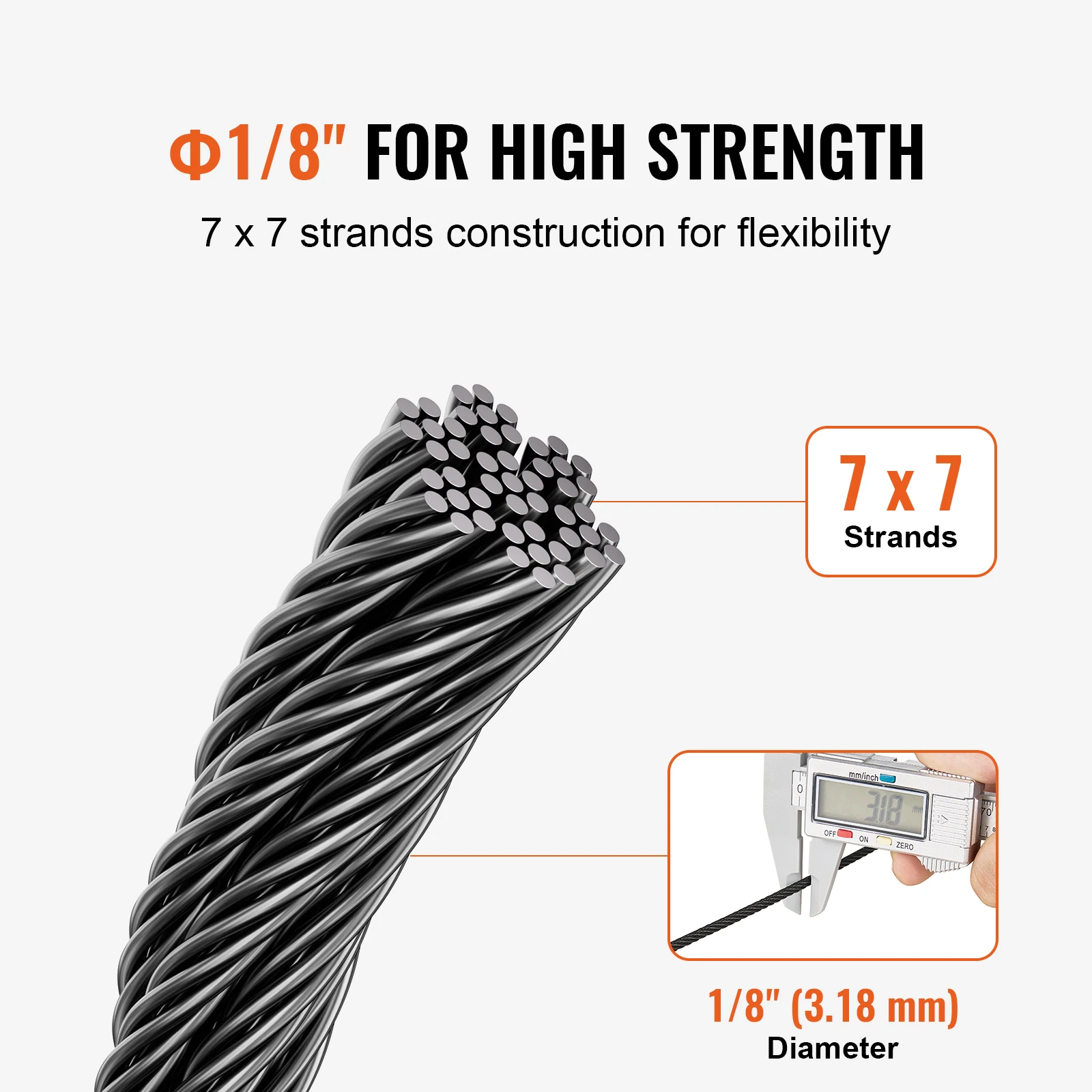 VEVOR 7x7 Strands Wire Rope Kit 1/8" 500ft 316 Stainless Steel Cable with Cutter & Gloves Core Marine for Handrail Stair Decking