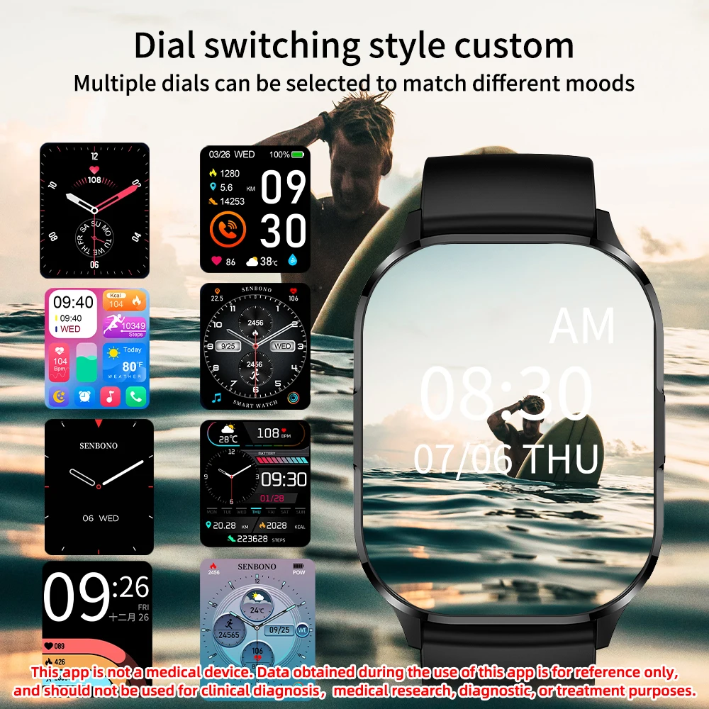 SENBONO AMOLED 스마트 워치 블루투스 통화 워치, 피트니스 트래커, 스포츠 스마트워치, 남녀공용, 2.01 인치 HD 올웨이 온 디스플레이