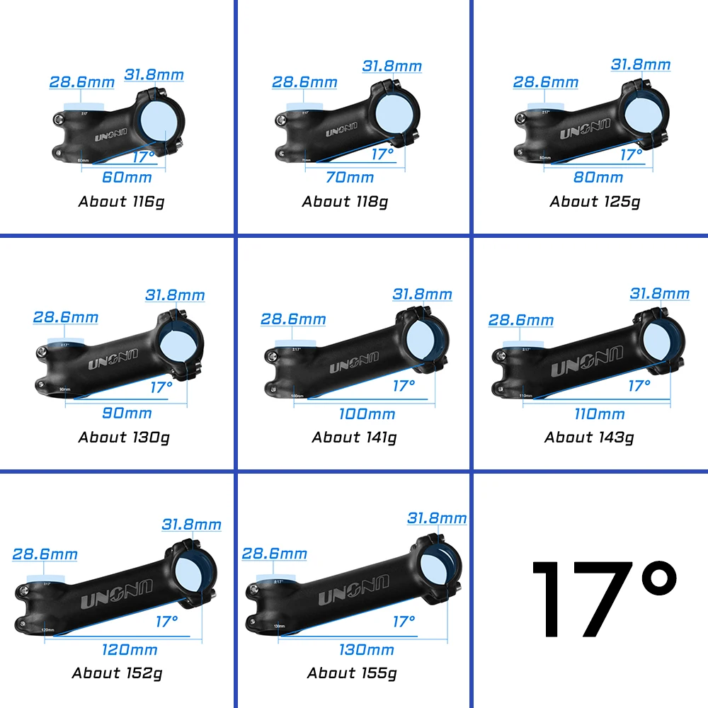 UNO Ultra Light Bike Stem 7 17 Degree MTB Road Bike Adjustable Handlebar 60/70/80/90/100/110/120/130mm MTB Bike Power Parts