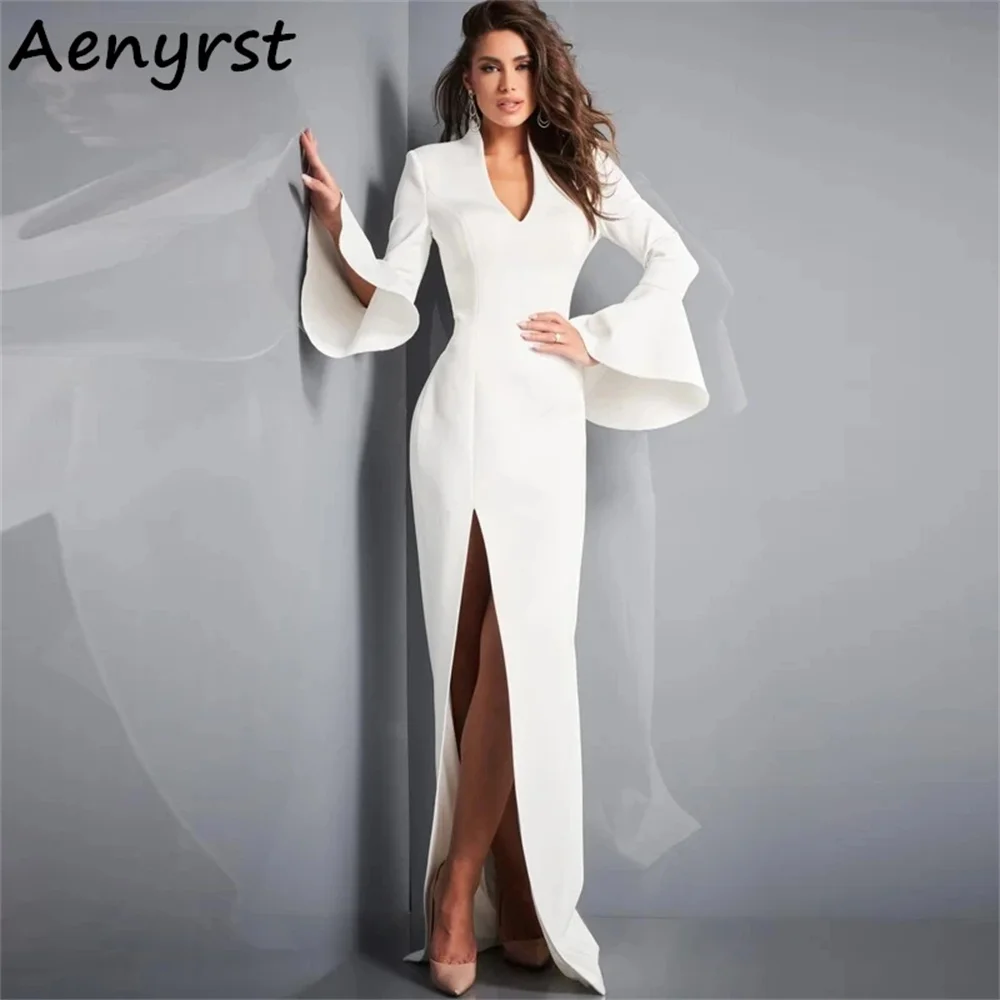 

Aenyrst Chic Flare Long Sleeves Evening Dresses Straight Satin Side Slit Prom Dress Floor-Length Little V-Neck Formal Party Gown