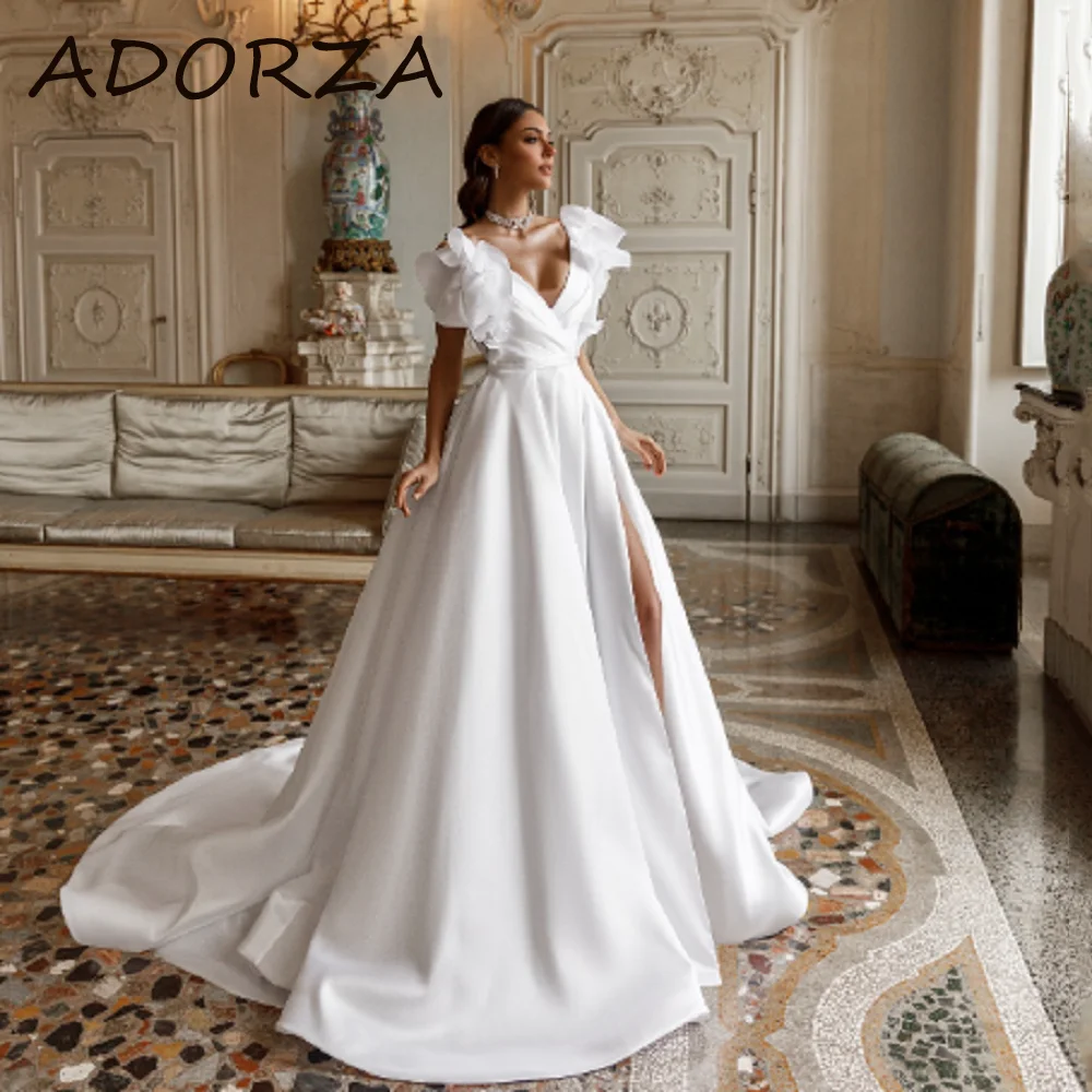 

Adorza A-line Wedding Dresses For Woman Simple Charming V-Neck 3D Flowers High Split Chapel Train váy cưới 2024Vestidos De Novia