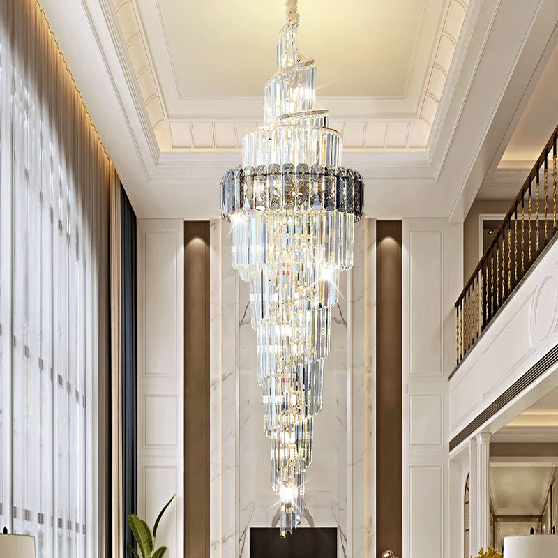 

Postmodern Luxury Interior Staircase Lighting Crystal Chandelier Hotel Design Lobby Decorative Pendant Light