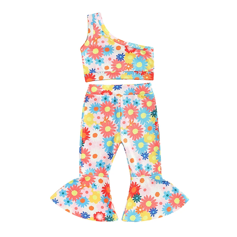 

Клубничный наряд, укороченный топ для маленьких девочек и расклешенные брюки, комплект без рукавов, топ на одно плечо, штаны с цветочным принтом и колокольчиком