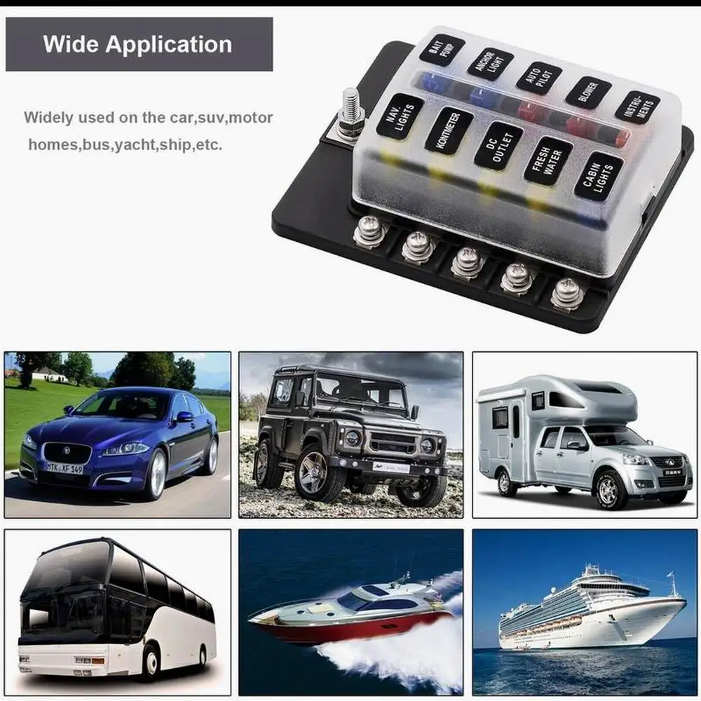 10 Ways Car Blade Fuse Box Holder with LED Indicator Light for Car Boat Marine fuse box