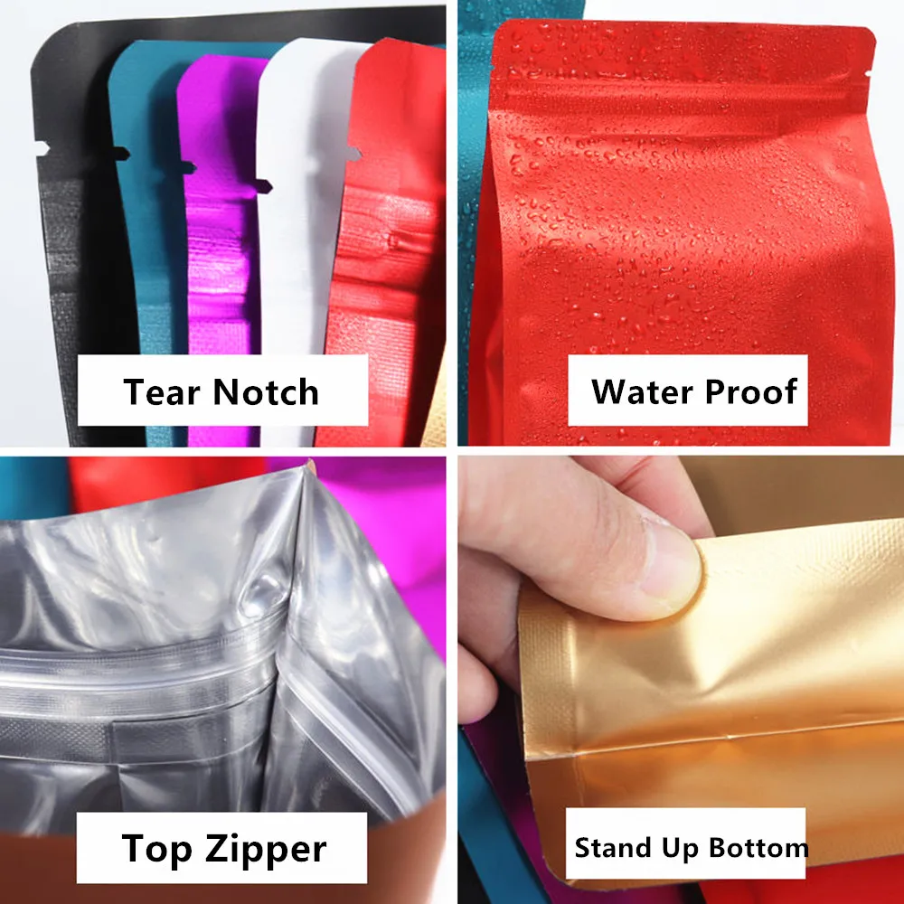 Flat Bottom Stand Colors Food Packing Bag 50pcs Colorful Standing Up Aluminum Foil Zip Lock Bags Matt Finish Food Pack Pouches