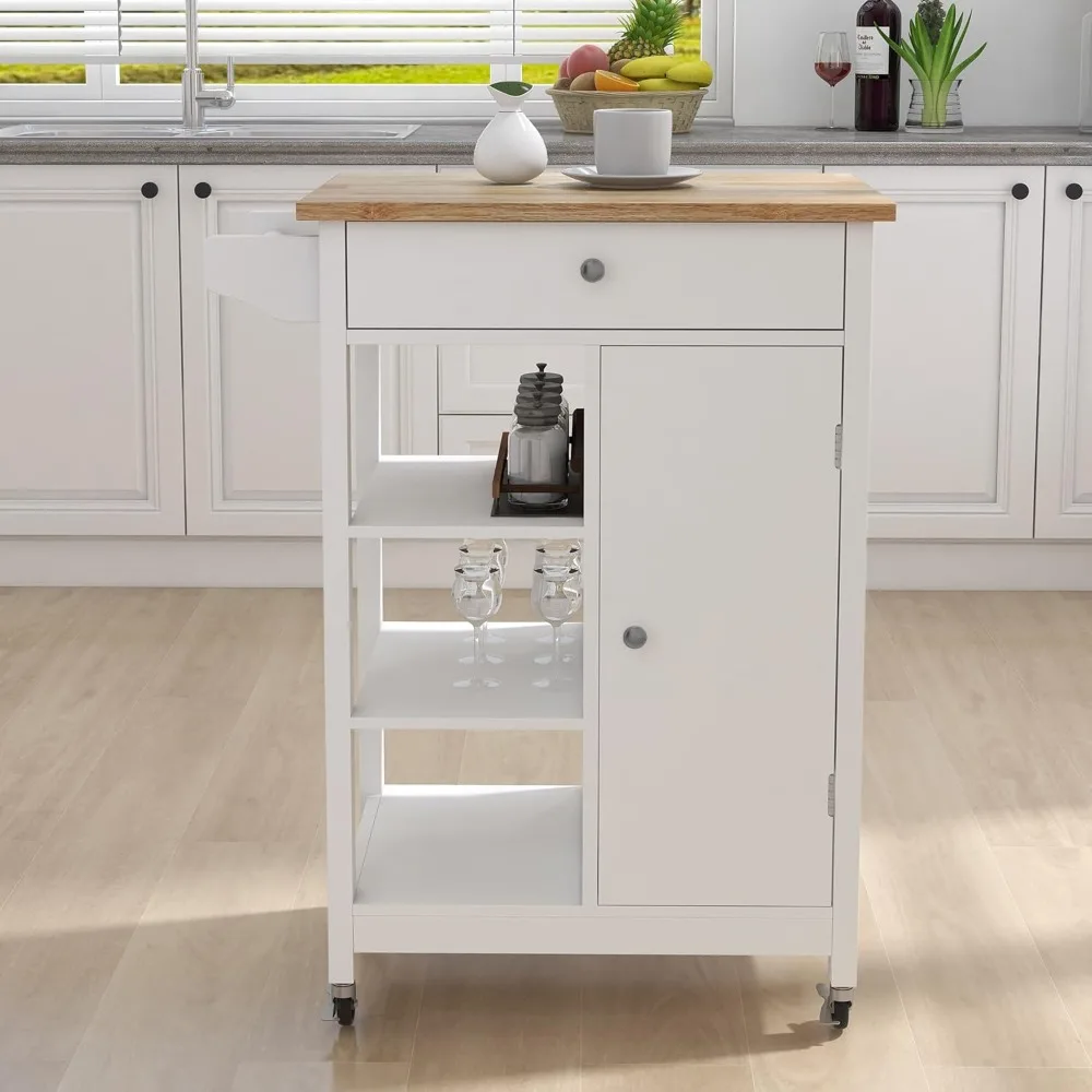 Kitchen Island on Wheels with Single Door and One Drawer Solid Wood Top Storage Cabinet 2 Open Shelves White Kitchen Trolley