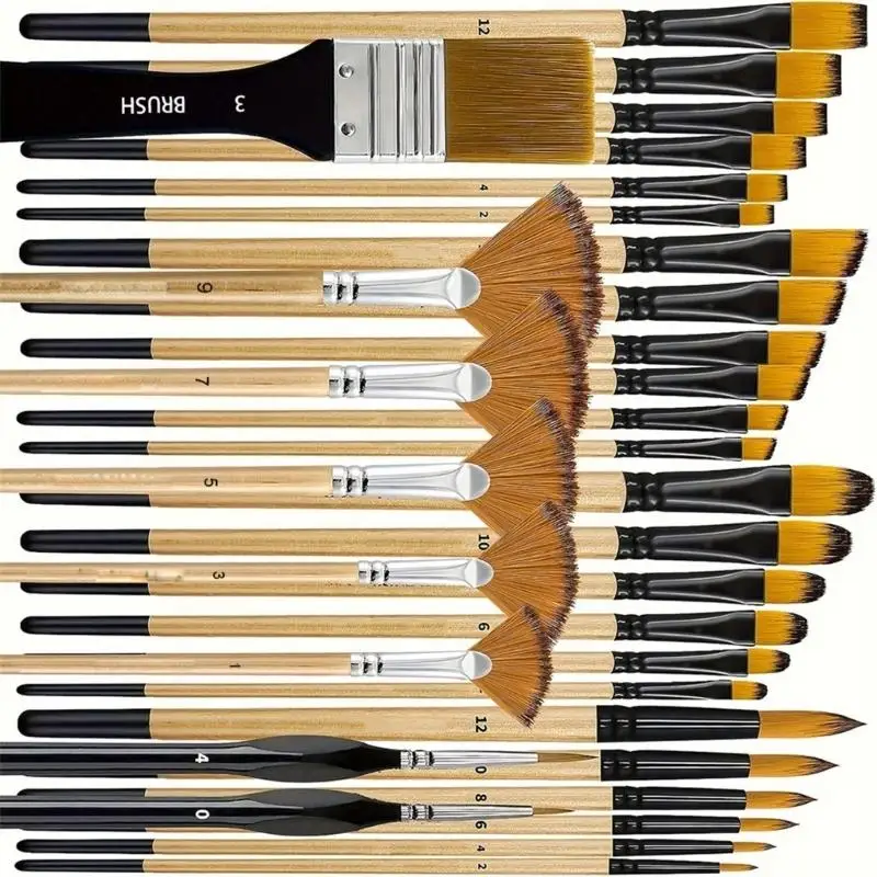 32Pcs 전문 나무 손잡이 아트 브러쉬 세트 나일론 브리스톨 페인트 브러시 오일 수채화 아크릴 구 아슈 그림 D2RC