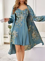 ‌ Silk Satin Floral Loungewear Set Belted Robe Camisole Nightdress Two-Piece Elegant Sleepwear All Seasons - Image 4