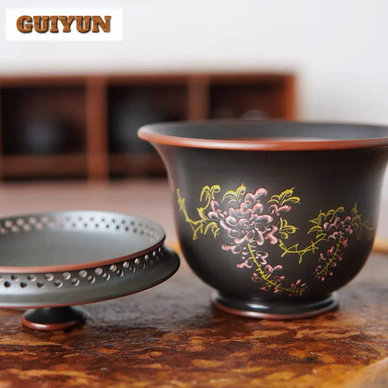180ml Antique Qinzhou Nixing Pottery Gaiwan Handmade Engraving Wisteria Flower Tea Tureen Tea Maker Cover Bowl Teaset Decoration