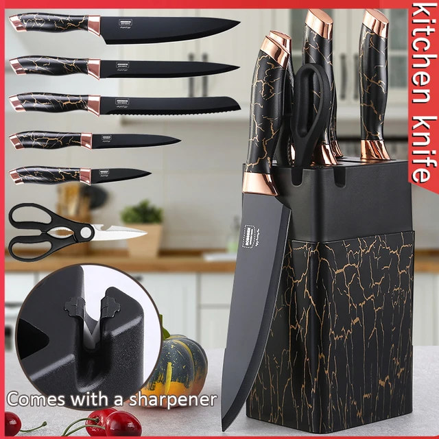 7-piece Wooden Handle Kitchen Knife Set Kitchen Scissors Sharpener  Stainless Steel Japanese Knife Bread Knife