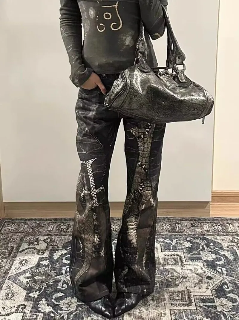 American Retro Python Print Straight Jeans Women Y2K Fashion Street Hot Girls Loose Harajuku Casual High Waisted Wide Leg Jeans 4