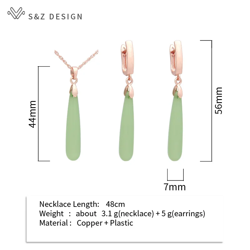 S&Z DESIGN New Fashion Long Water Drop Dangle Earrings Jewelry Sets For Women Wedding 585 Rose Gold Color Pendant Necklace