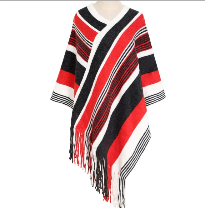 

Autumn Winter Brushed Color Striped Knitted Shawl Women's Imitation Cashmere Warm Pullover Cloak Girl Outdoor Red